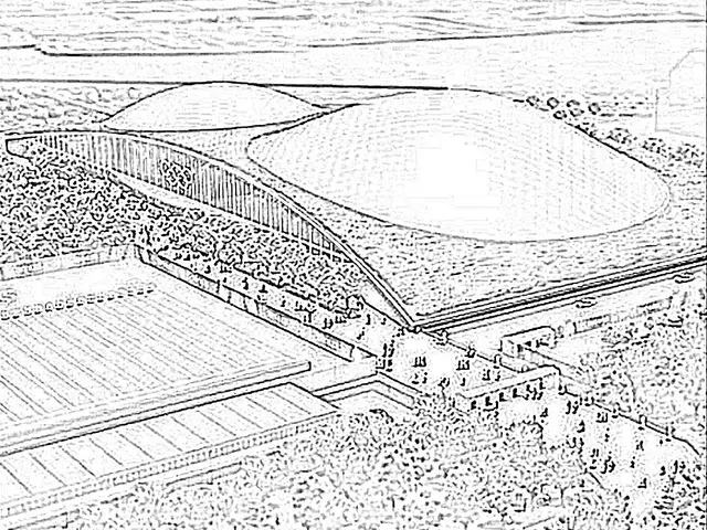 The image shows a black and white drawing of a stadium with a lot of people in it. At the bottom of...