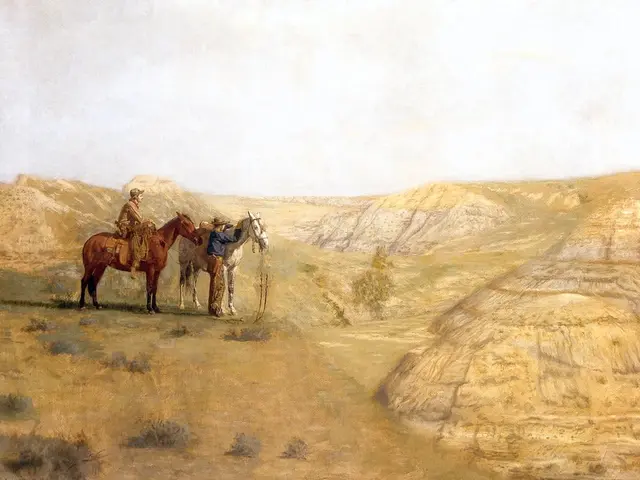 The image shows two cowboys on horseback in a desert landscape, with hills in the background and a...