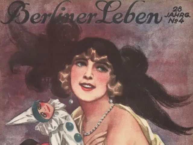 The image shows a woman in a yellow dress holding a doll, with the words "Berliner Leben Magazine -...