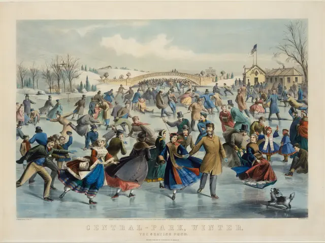 The image shows a group of people skating on an ice rink in Central Park in winter. The rink is...