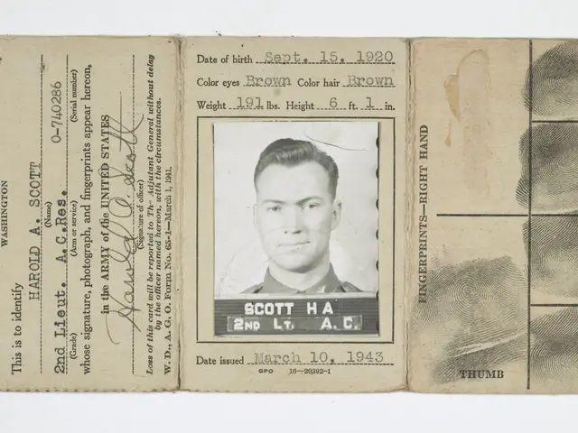 The image shows an old passport with a picture of a man's face on it, along with some text and...