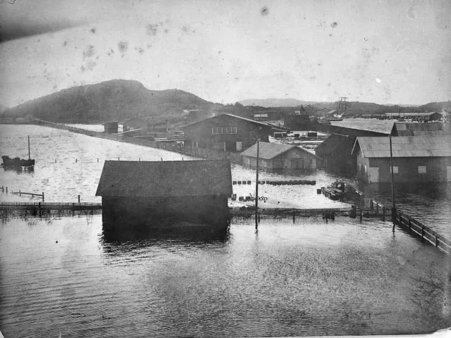 The image shows a black and white photo of a small town in the middle of a body of water, with...