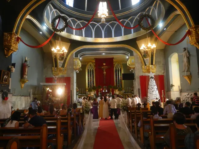 The image shows a wedding ceremony taking place in a church with a red carpeted aisle. There are...