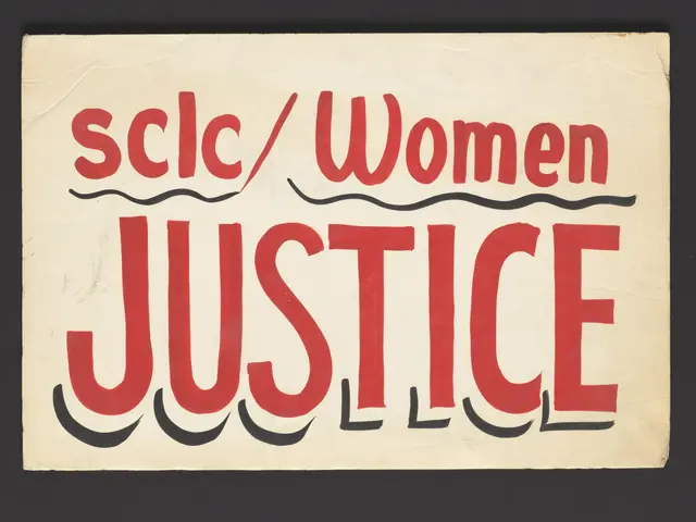 The image shows a poster with the words "scic/women justice" written in bold black lettering...