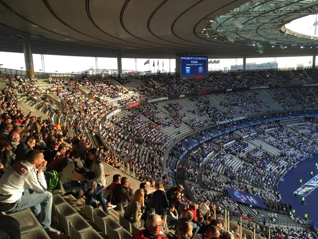 The image shows a large crowd of people sitting in a stadium watching a soccer game. On the right...