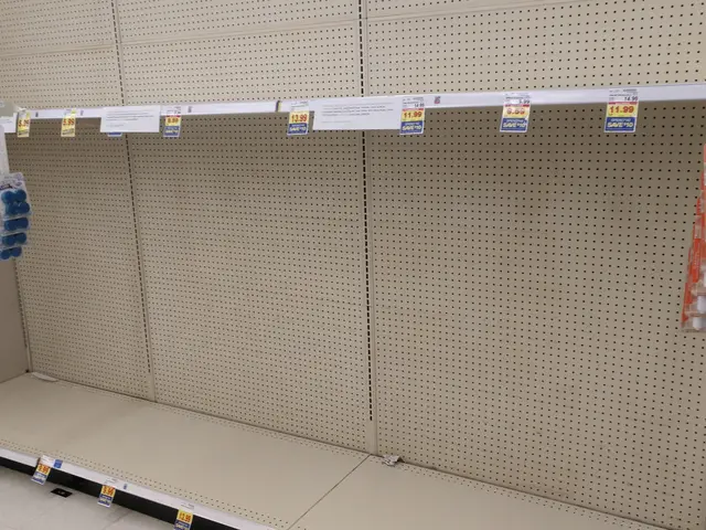 The image shows empty shelves in a store with price tags attached to them. The shelves are lined up...