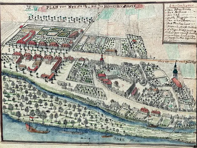 The image shows an old map of the city of Hamburg, Germany, with buildings, trees, water, and boats...