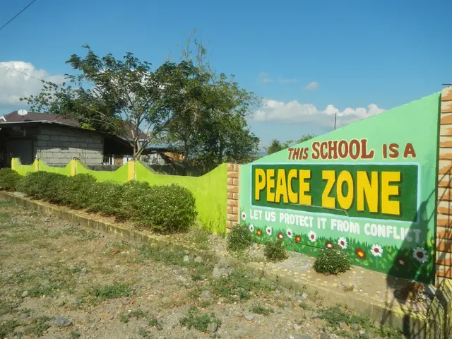 The image shows a wall with a sign that reads "This School is a Peace Zone" surrounded by plants,...