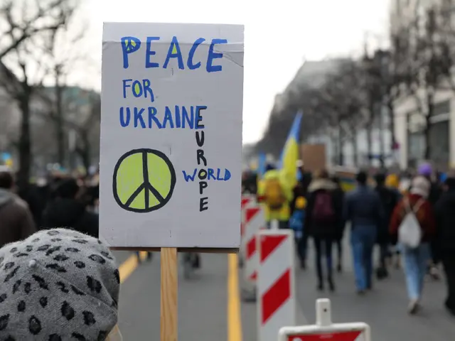 The image shows a person wearing a cap and holding a sign that reads "Peace for Ukraine" in front...