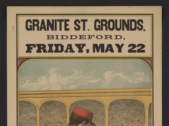 The image shows a poster of a baseball game between Biddeford and Portland, with a man standing in...