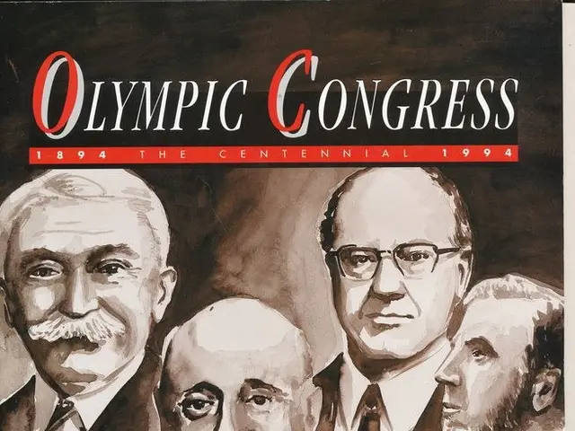 The image shows a poster for the 1994 Olympic Congress, featuring a group of men in suits and ties....