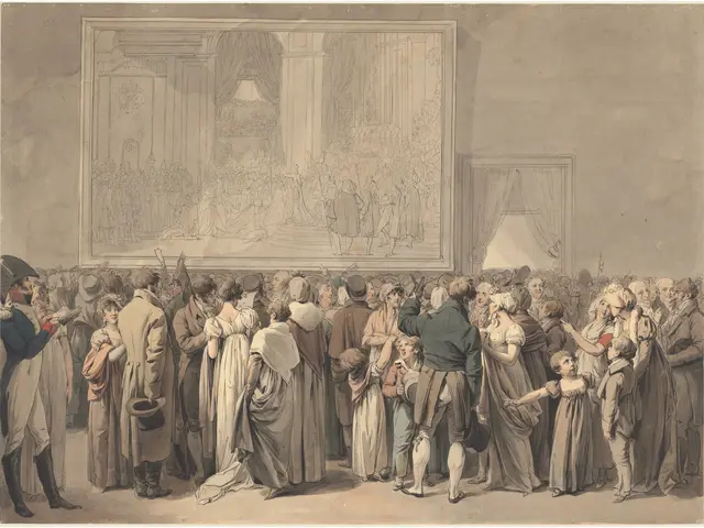 The image shows a painting of a crowd of people standing in front of a stage, with a photo frame on...