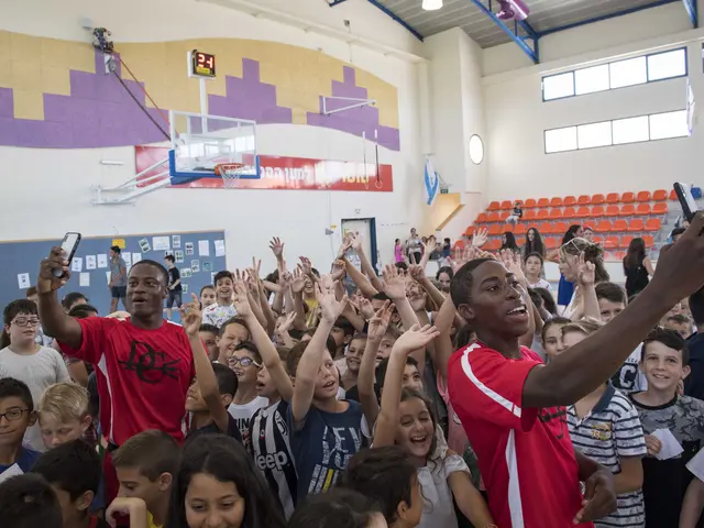 The image shows a group of children standing in front of a basketball court, with some of them...