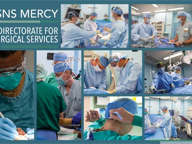 The image shows a group of people wearing masks, caps, and gloves, performing surgery in an...