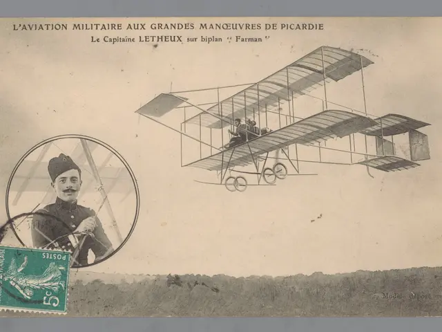 The image shows an old postcard with a picture of a man sitting in an airplane, with a stamp on the...