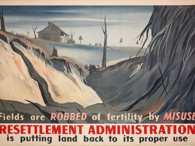 The image shows a poster on the wall with text that reads "Resettlement Administration: Fields are...