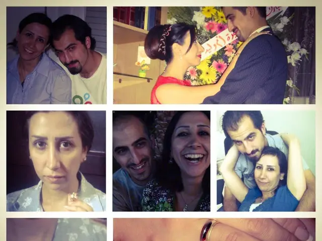 The image shows a collage of photos of a man and woman with wedding rings on their fingers,...