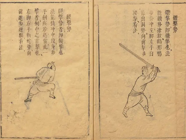 The image shows an open book with Chinese writing on it, depicting two people engaged in a sword...