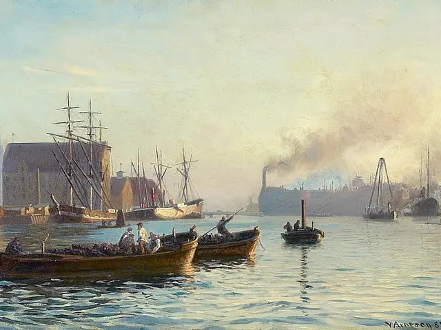 The image shows a painting of boats in the water near a city, with people in the boats and...