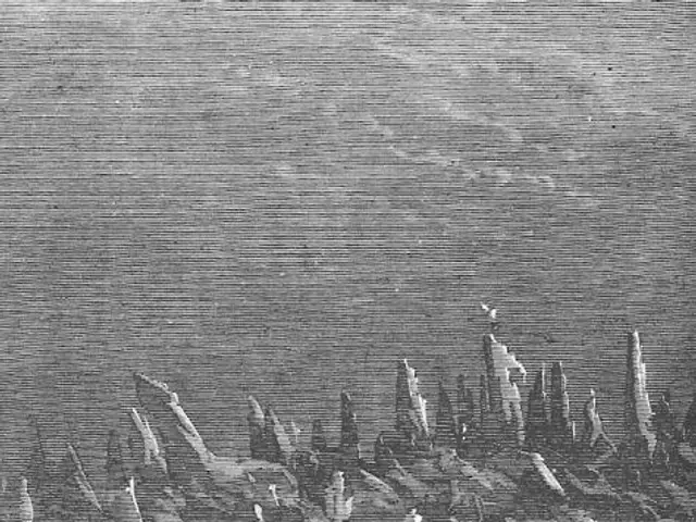 The image shows a black and white drawing of two people standing on top of an iceberg in the...