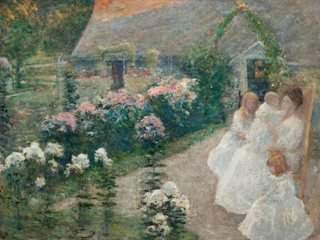 The image shows a painting of a family in a garden, with a house in the background, trees, plants...