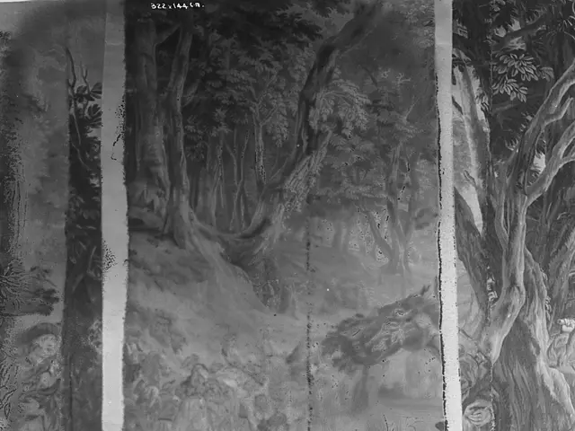 The image shows a black and white photo of a forest with trees, plants, and animals. At the top and...