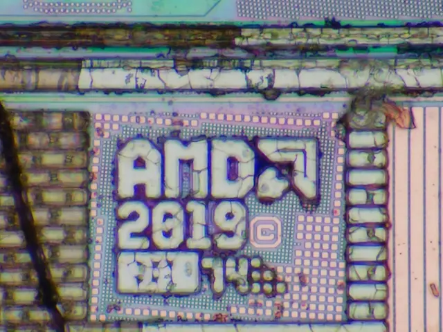 The image shows a close up of a computer chip with the words "AMD 2019" printed on it.