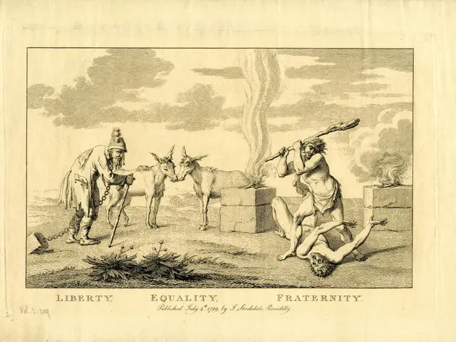 The image shows a paper with a drawing of a man and a woman standing next to a donkey, surrounded...