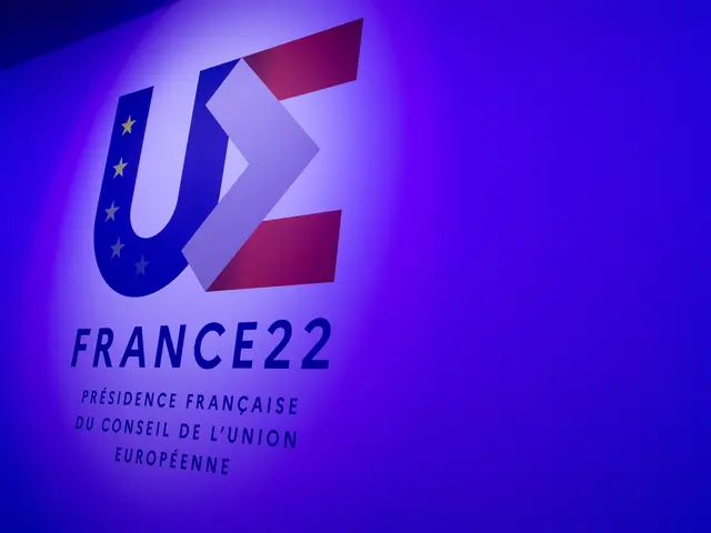 The image shows the logo for France 22 on a blue background with the text "France 22" written in...