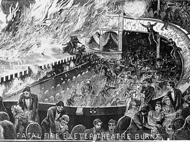 The image shows a black and white drawing of a crowd of people in a theater, with the words "Fatal...