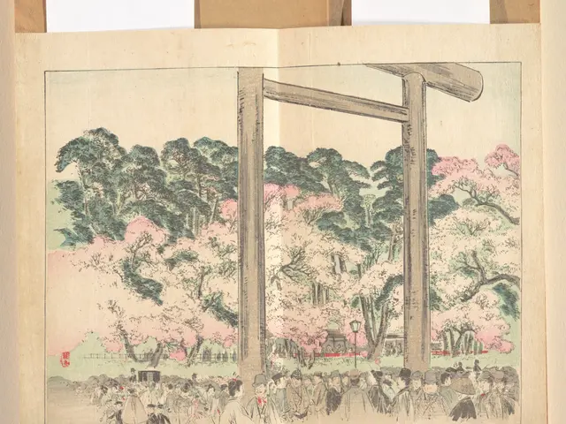 The image shows a Japanese woodblock print of cherry blossoms in full bloom, with trees, people,...