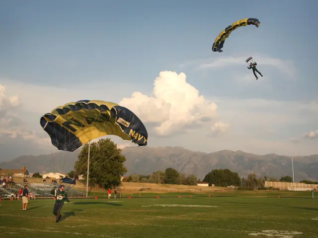The image shows two people paragliding over a grassy field with mountains in the background. On the...