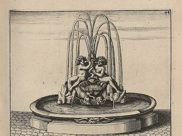 The image shows a drawing of a fountain with two fountains in the middle of it, surrounded by...