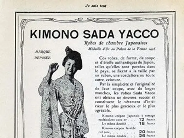 The image shows an advertisement for Kimono Sada Yacco, a traditional Japanese garment, featuring a...