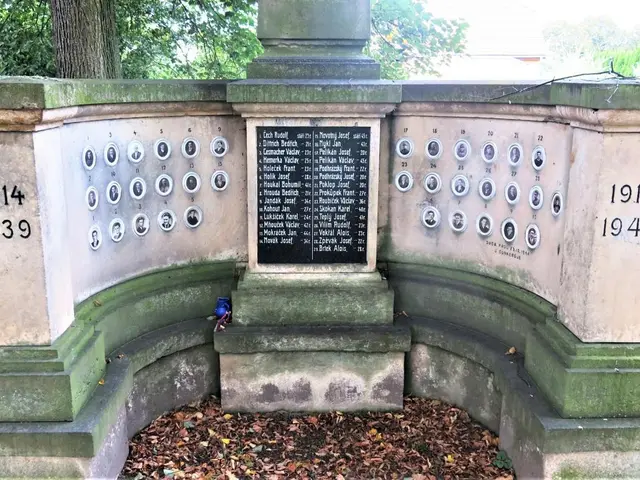 The image shows a monument in the middle of a park surrounded by trees and a fence. On the wall of...