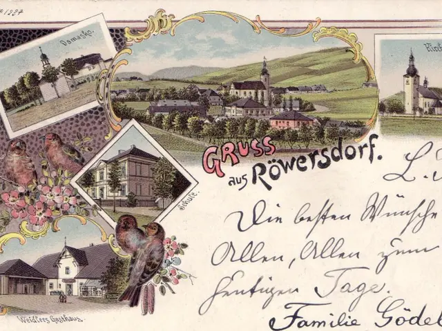 The image shows an old postcard with a picture of a village in Germany, featuring pictures of...