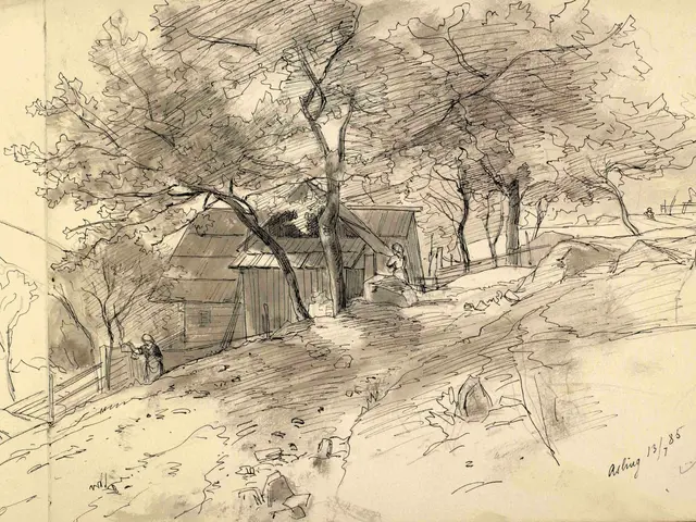 The image shows a drawing of a house in the woods, with trees surrounding it. The trees are tall...