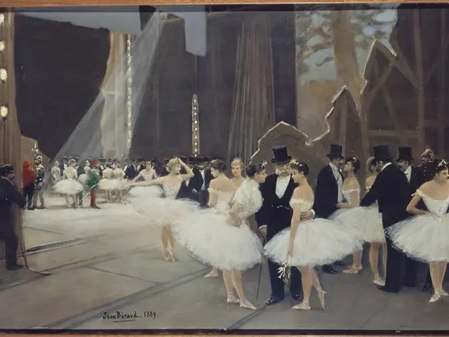 The image shows a painting of a group of dancers in white tutus and hats on a stage, illuminated by...