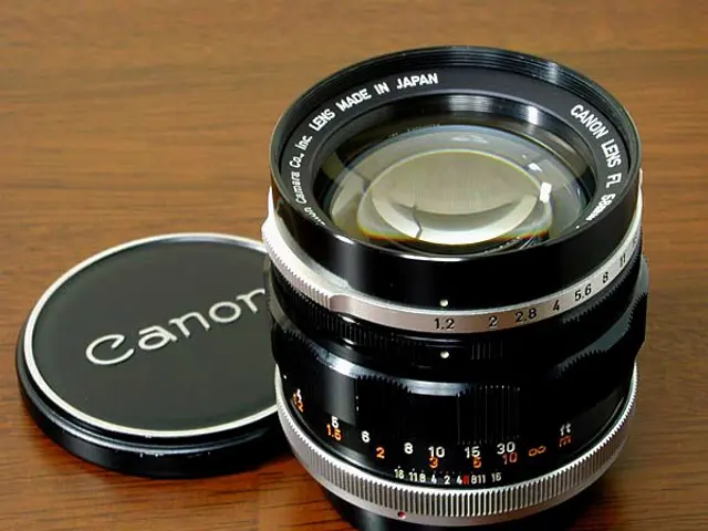 The image shows a Canon EF 50mm f/1.4L IS USM lens on a wooden surface with a cap beside it. The...