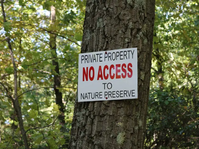 The image shows a tree with a sign on its trunk that reads "Private Property No Access to Nature...