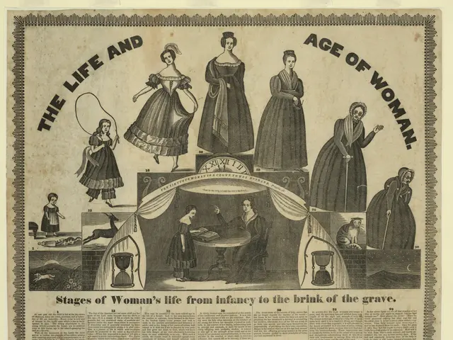 The image shows a paper with pictures of women and text written on it, depicting the life and age...