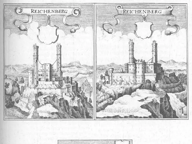 The image shows an open book with a drawing of a castle on top of a hill, surrounded by pictures of...