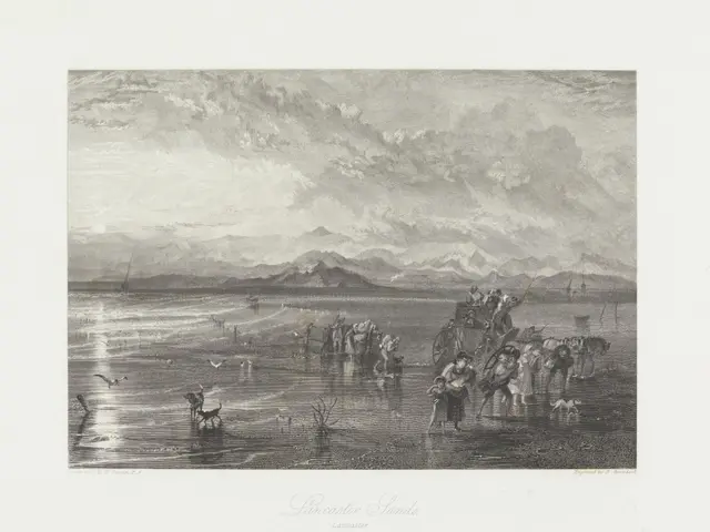 The image shows a group of people standing on a beach next to a body of water, with a horse-drawn...