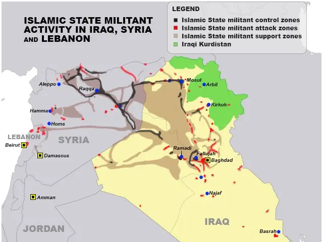 The image shows a poster with a map of Iraq and Lebanon, highlighting the Islamic State militant...