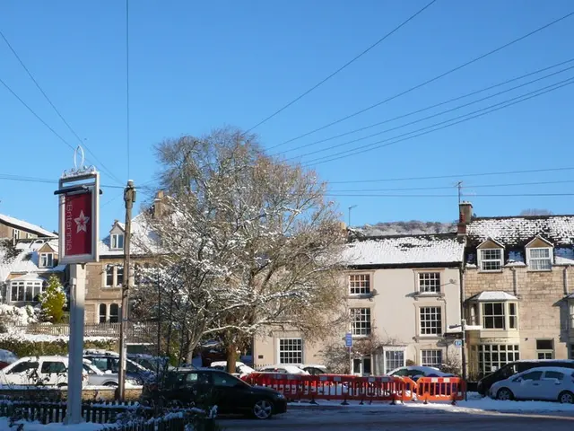 In this picture we see vehicles on the road covered with snow. In the background we have many...