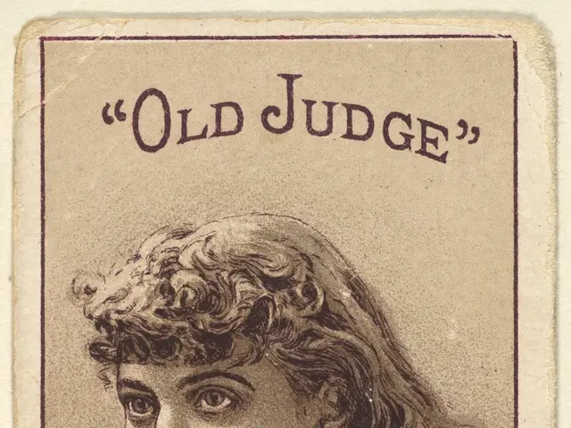 The image shows an old judge playing card with a drawing of a woman's face on it. The woman has a...