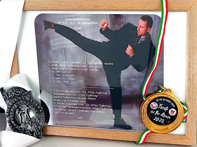The image shows a photo frame with a picture of a man in a karate stance, surrounded by medals and...