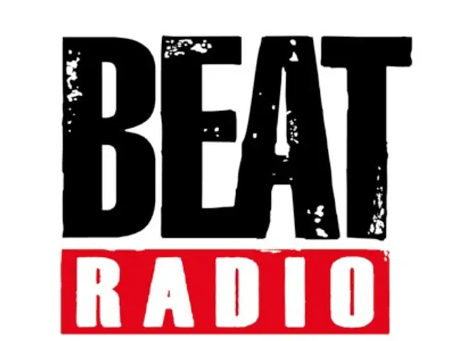 The image shows a poster with the words "Beat Radio Classic Rock" written in bold, black font...