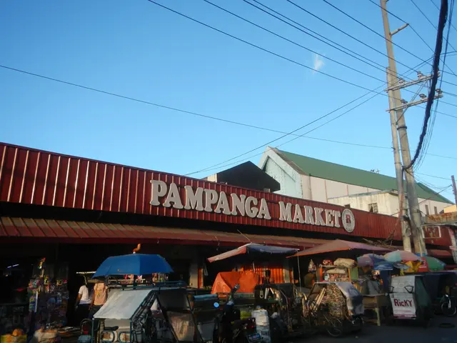 The image shows a bustling pampanga market in the Philippines, with buildings, electric poles,...