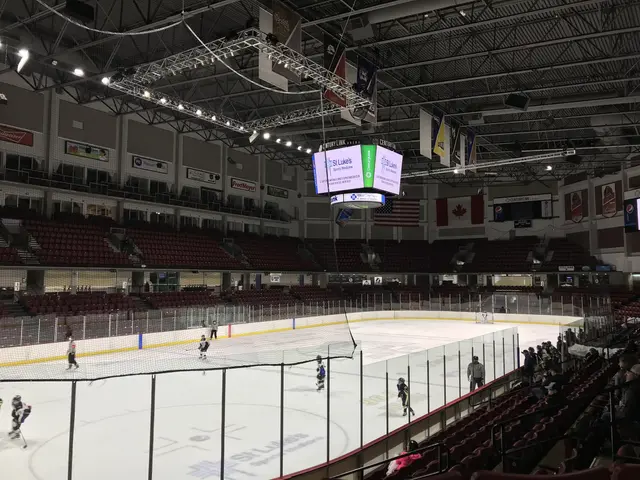 The image shows a hockey game being played in a large arena, with a net in the center and people...